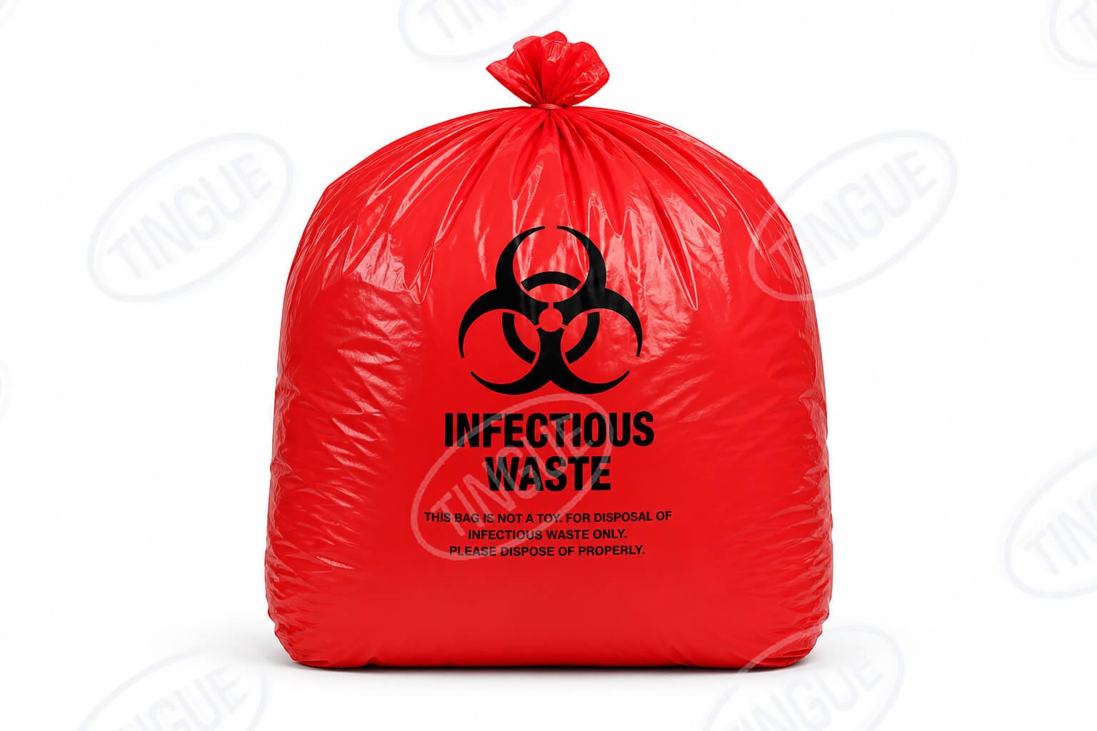 shop.tingue.com 09.01T-N RED BIOHAZARD PLASTIC BAG, 29"X43", 1.35 MIL, "SOILED LINEN" PRINTED, 100 EACH