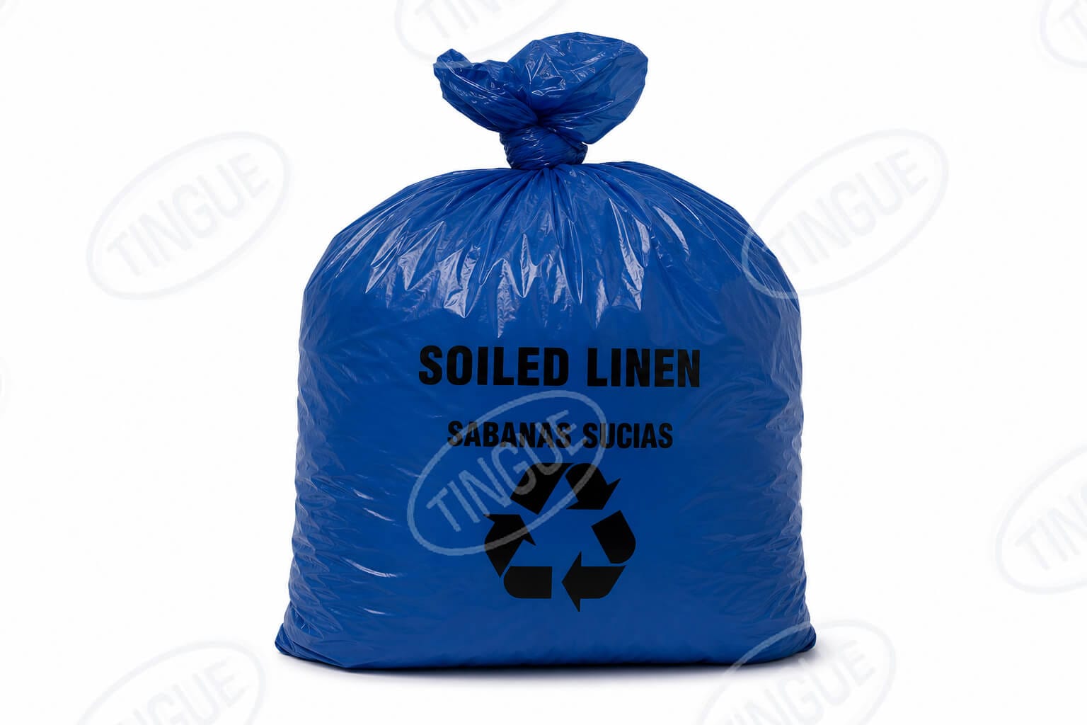 shop.tingue.com 09.01T-N DARK BLUE PLASTIC BAG, 38"X44", 1MIL, "SOILED LINEN" PRINTED, 200 EACH